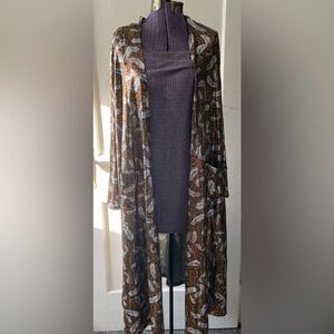 Lularoe Shimmery Bronze & Silverer Feather long kimono/cardigan. size Large